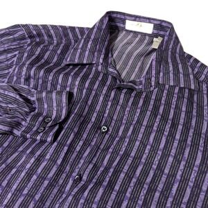 Gianni Viera‎ Men's Large 100% Silk Button Down Shirt Purple Black Stripe Italy